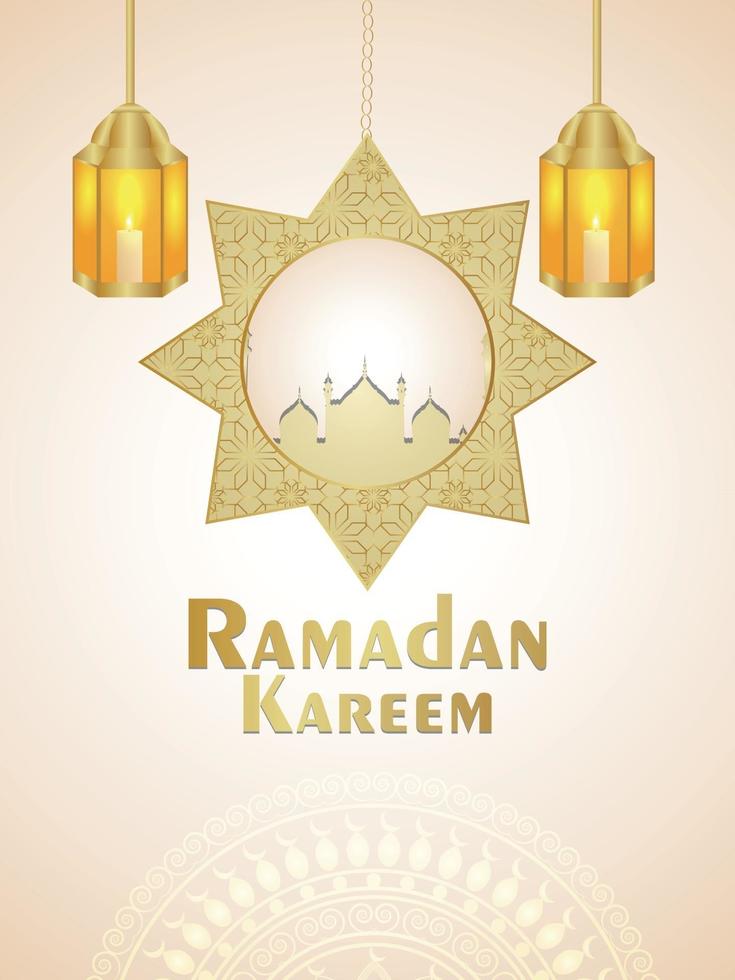 ramadan kareem realistisch ontwerp met elegante gouden lantaarn en moskee op witte achtergrond vector