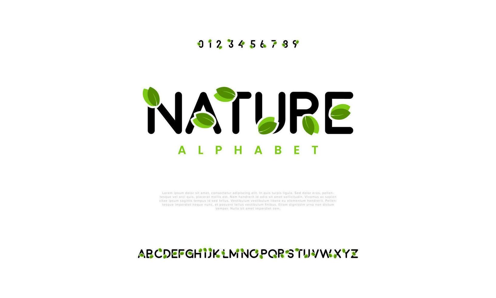 natuur blad groen Woud abstract digitaal technologie logo doopvont alfabet. minimaal modern stedelijk fonts voor logo, merk enz. typografie lettertype hoofdletters kleine letters en nummer. vector illustratie