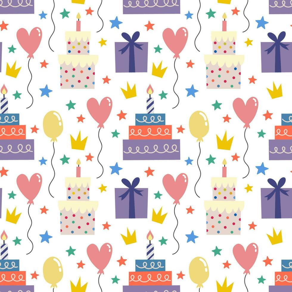 naadloos patroon met cakes en ballonnen vector achtergrond met een verjaardag thema.