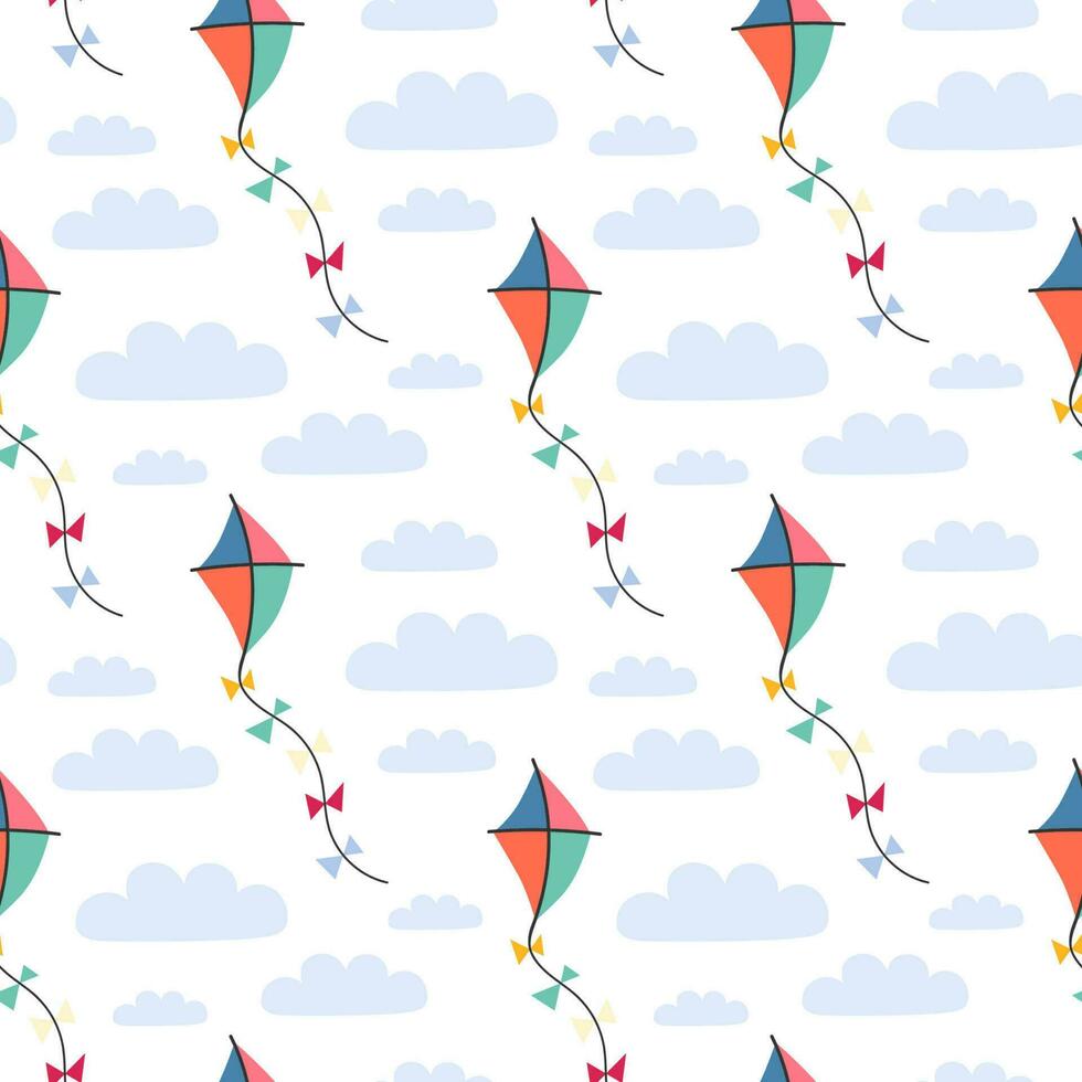 naadloos patroon met vlieger en wolken. vector achtergrond met een verjaardag thema.