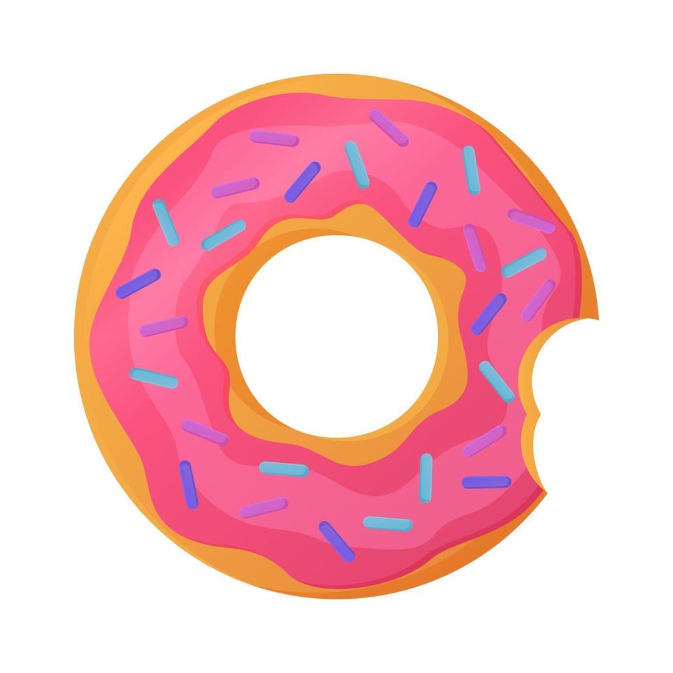 helder gebeten donut met roze glazuur geen dieet dag symbool ongezond voedsel zoet fastfood suiker snack extra calorieën concept voorraad vectorillustratie geïsoleerd op een witte achtergrond in cartoon stijl vector