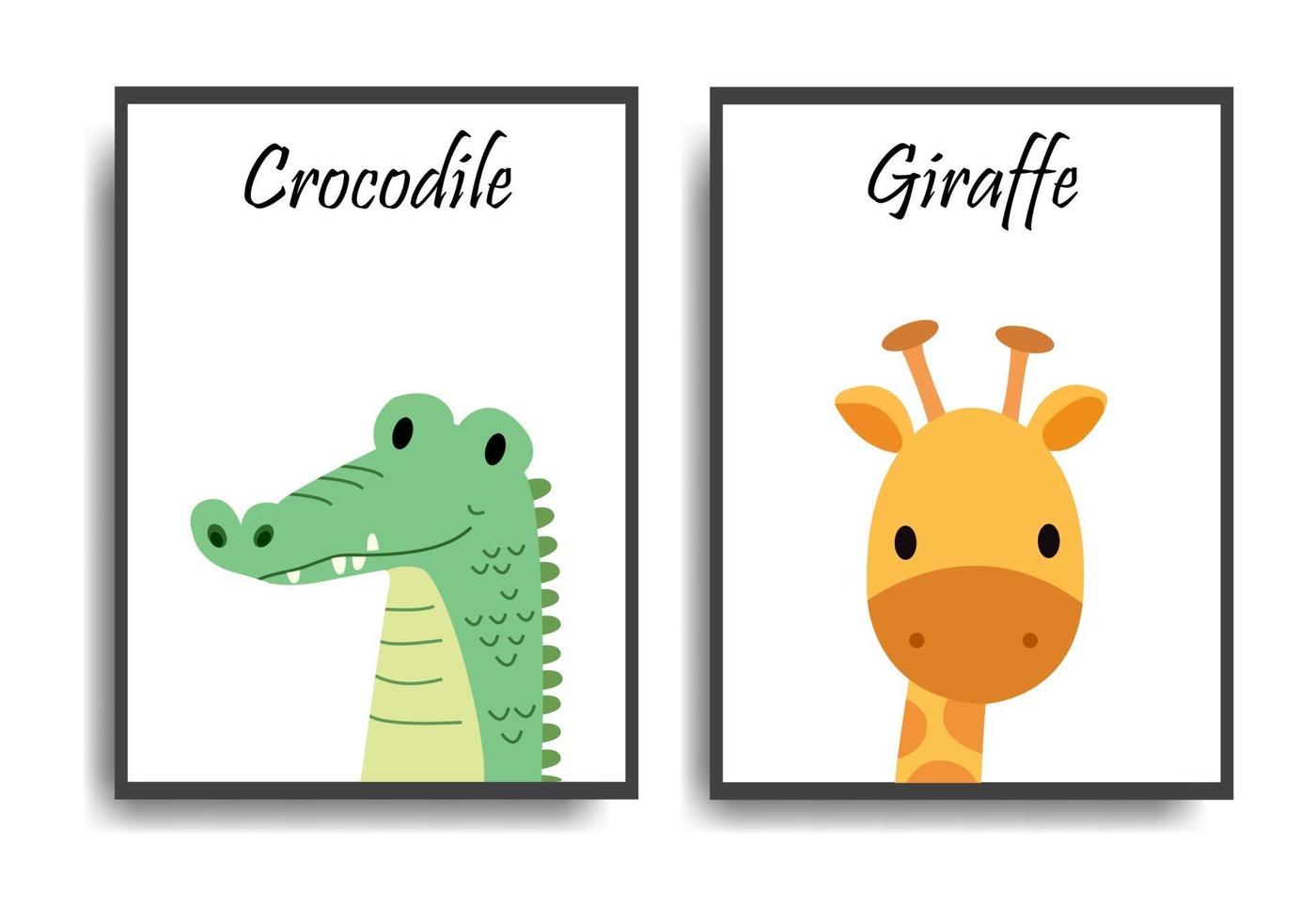 poster met dieren stripfiguren cartoon dierlijke krokodil en giraffe set vector