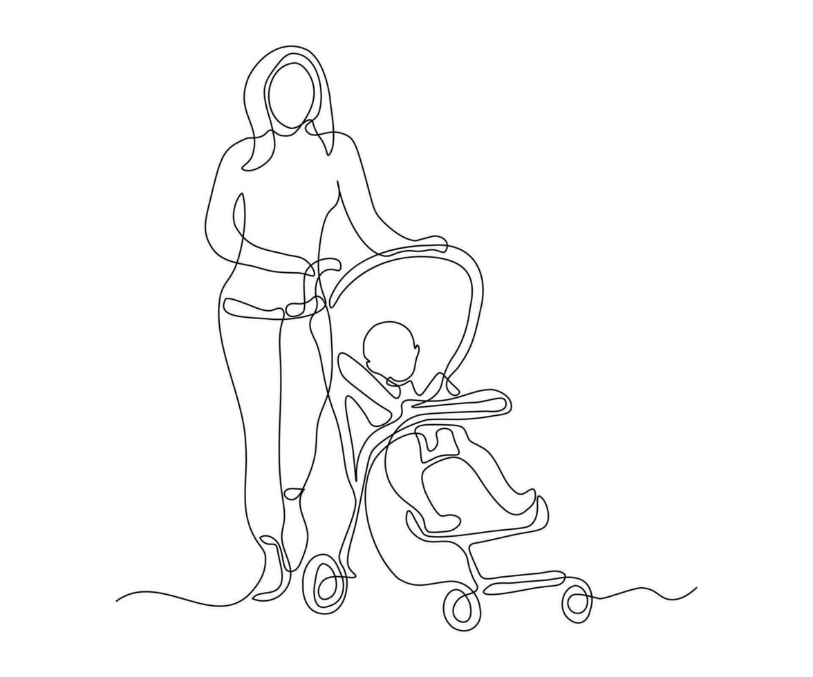abstract moeder met een baby in een kinderwagen doorlopend een lijn tekening vector