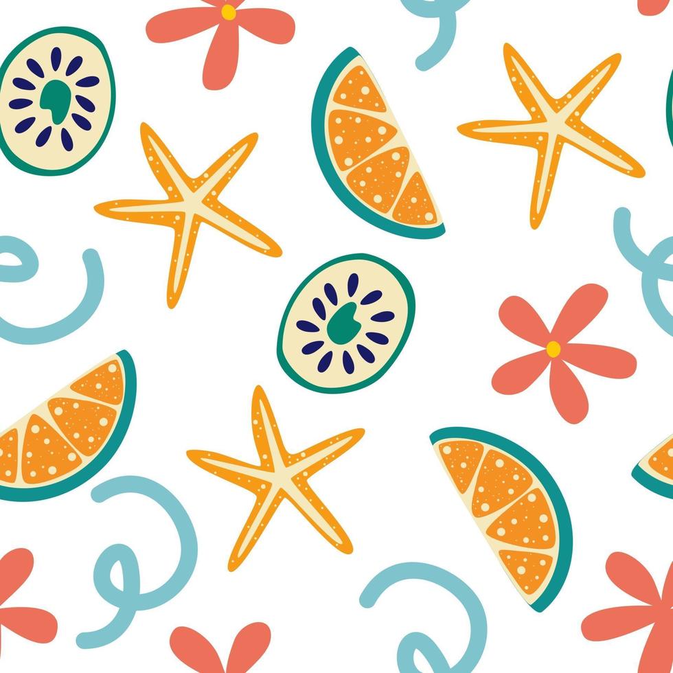 naadloze zomer patroon met schijfjes citroen en bloemen zomer levendig ontwerp exotisch tropisch fruit verse limoen zeesterren en bloemen hele schijfje citroen vectorillustratie in een vlakke stijl vector