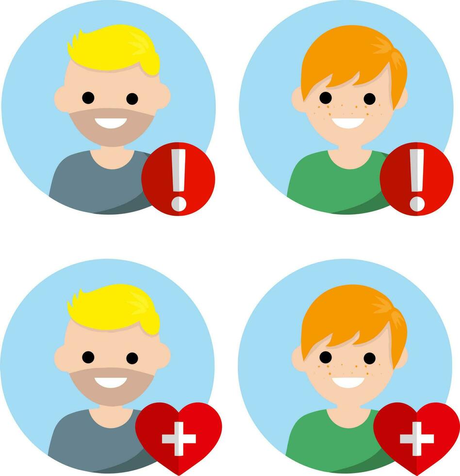 reeks van avatars mensen voor sociaal netwerk. jongen en meisje. rood uitroep markering, hart met kruis. medisch Gezondheid element en alarm. jong nerd Mens en blond vrouw. tekenfilm vlak illustratie. toestand icoon vector