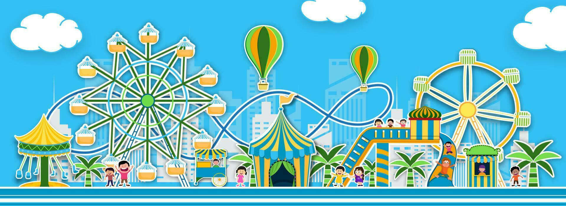 sticker stijl thema park visie met illustratie van draaimolens, rol kustvaarder en heet lucht ballonnen voor pret eerlijk carnaval concept. vector
