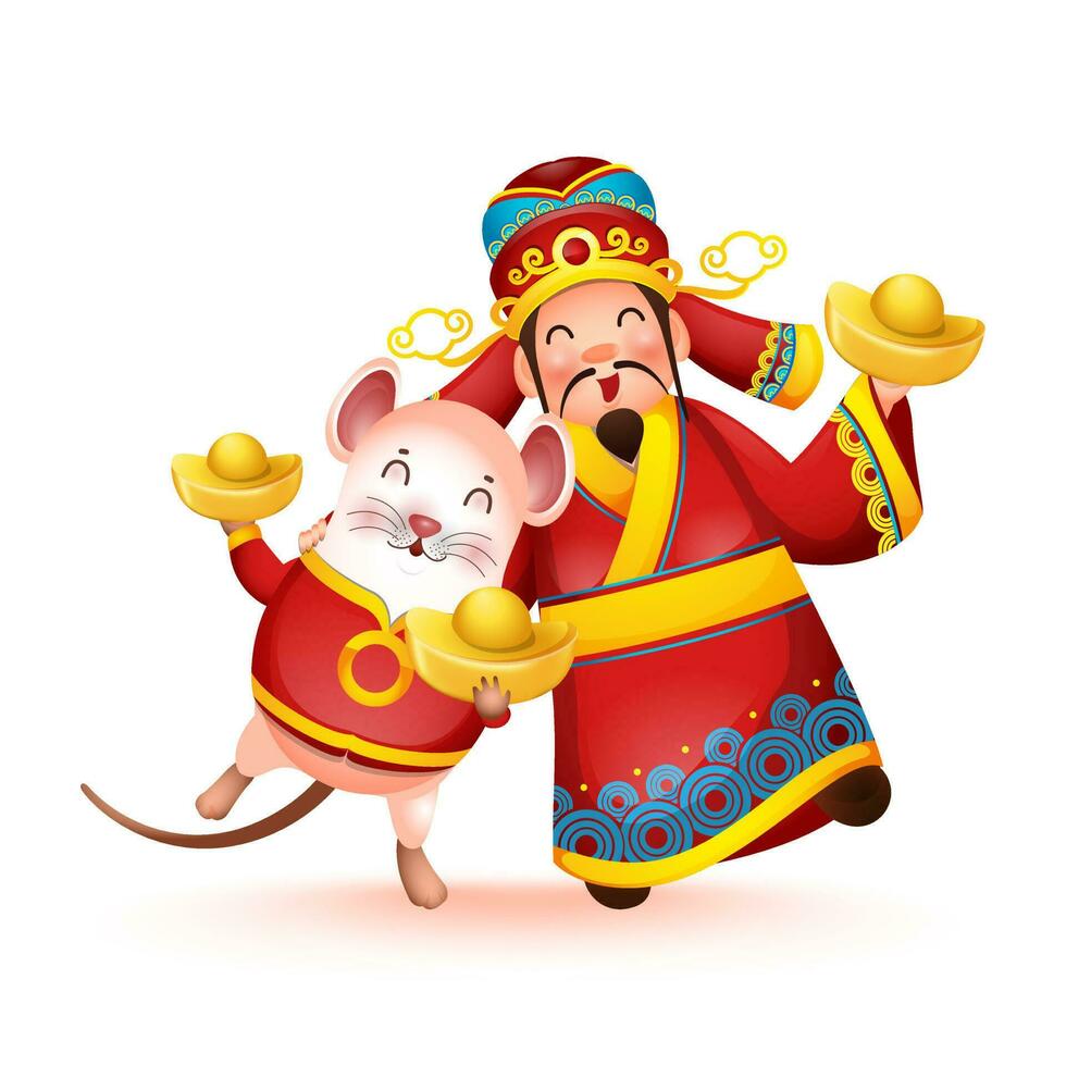 gelukkig Chinese god van rijkdom met tekenfilm Rat Holding blokken Aan wit achtergrond. vector