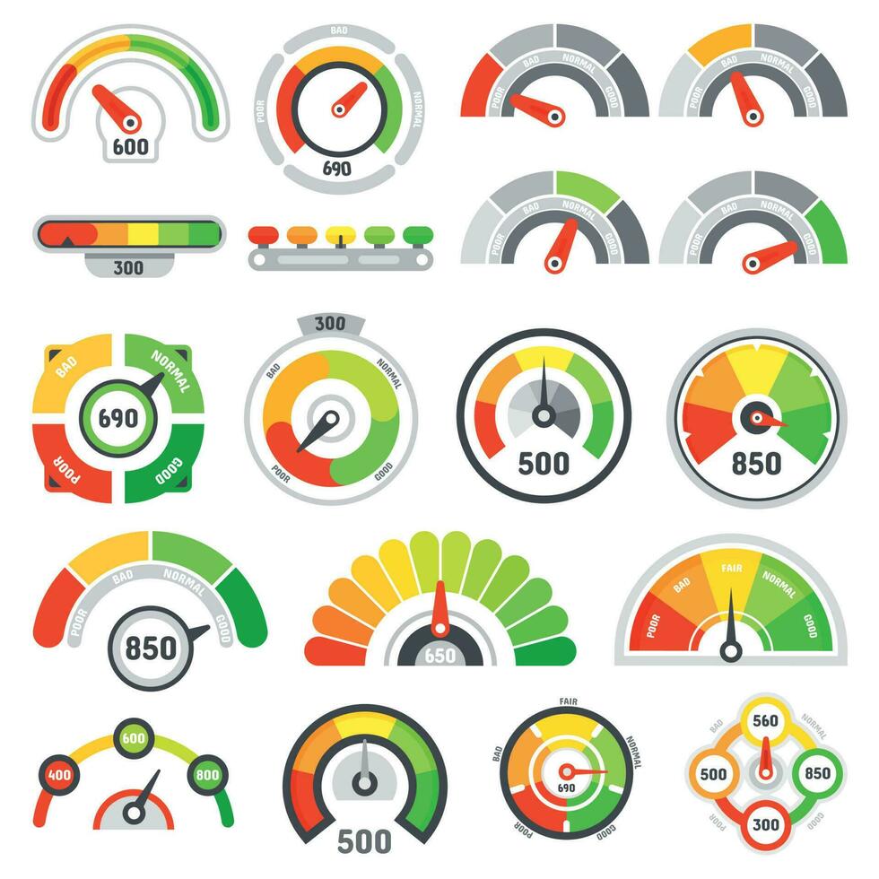 credit partituur snelheidsmeter. goederen beoordeling indicatie, mooi zo peilen indicator en diagram snelheidsmeters niveau indicatoren geïsoleerd vector reeks