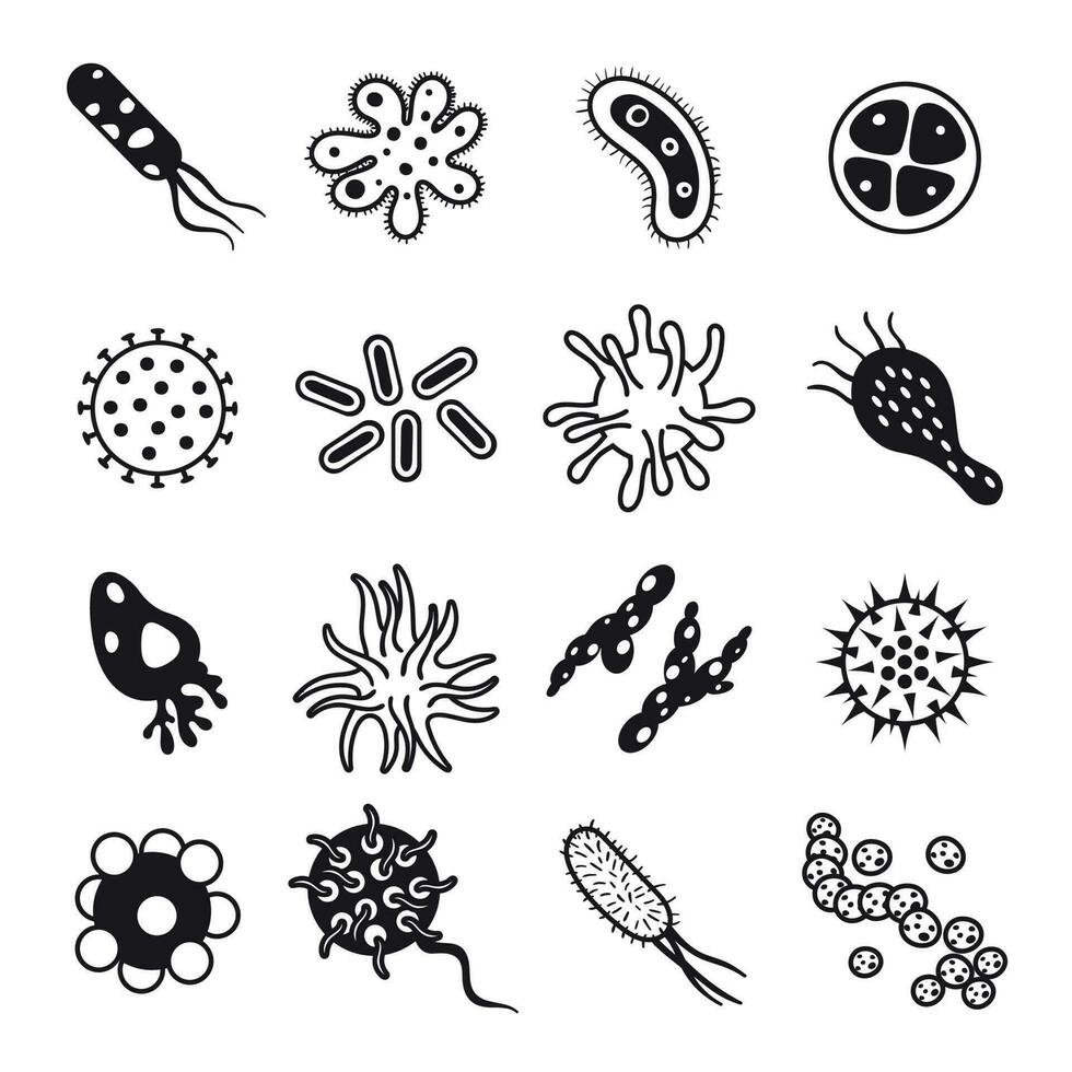 biologie ziekten virus en gietvorm bacterie hygiëne icoon. biologisch ziekte en immuun zwart pictogrammen vector reeks