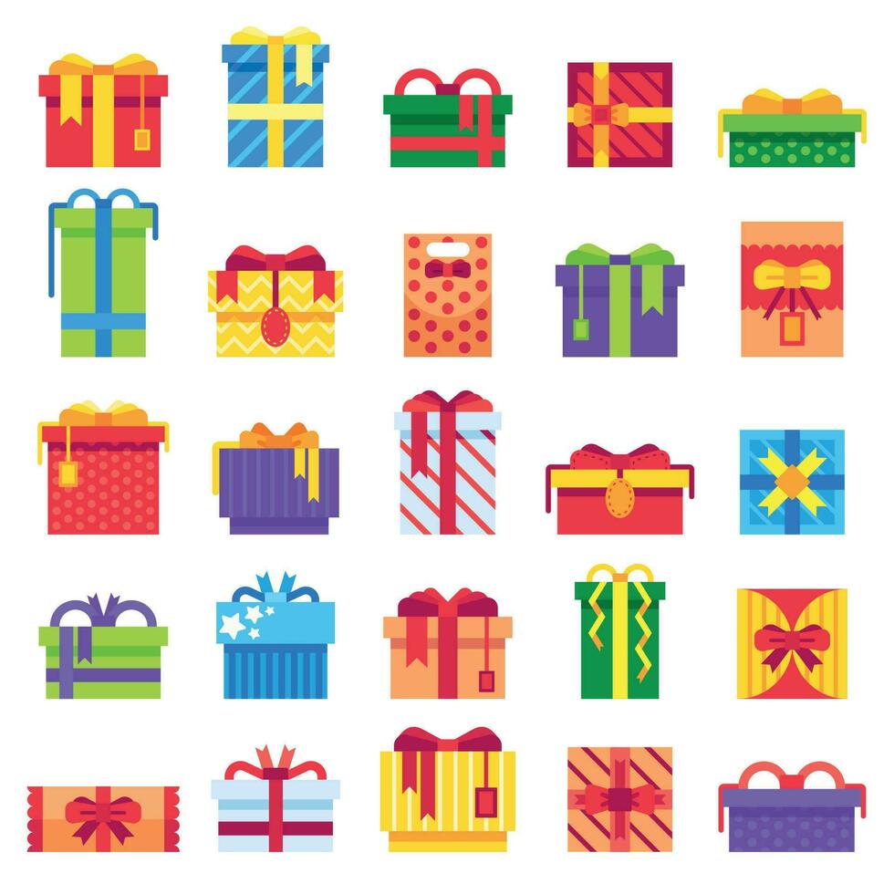 Kerstmis geschenk. winter feestelijk presenteert, geheim de kerstman cadeaus en vakantie Cadeau boksen geïsoleerd vector pictogrammen reeks