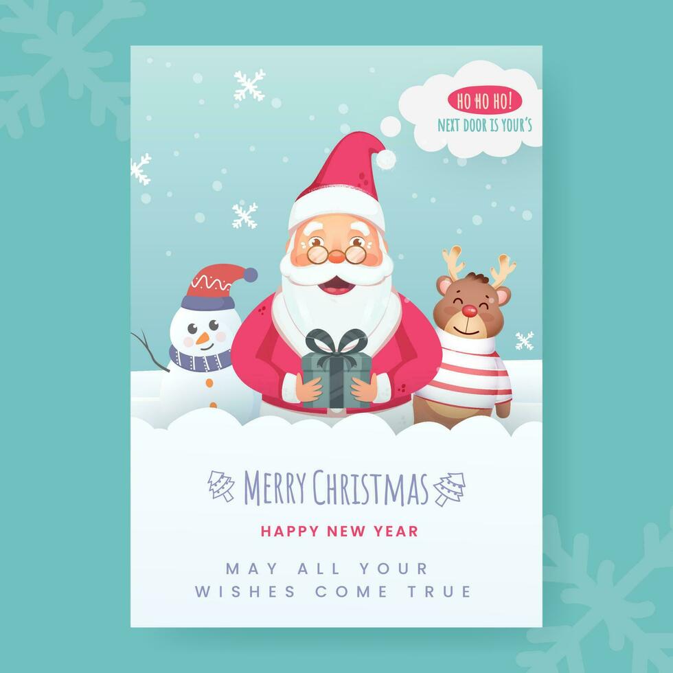 vrolijk Kerstmis en gelukkig nieuw jaar groet kaart met tekenfilm de kerstman claus Holding geschenk doos, sneeuwman en rendier. vector