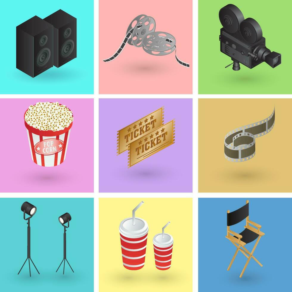 verzameling van kleurrijk bioscoop of film voorwerpen in 3d stijl. vector