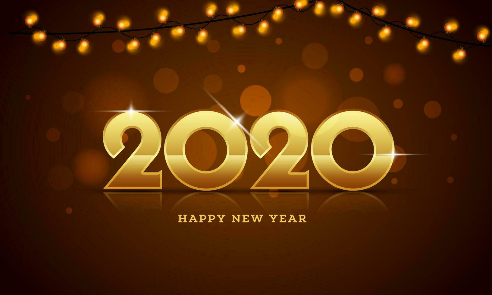 gouden tekst 2020 gelukkig nieuw jaar en verlichting slinger versierd Aan bruin bokeh achtergrond. vector