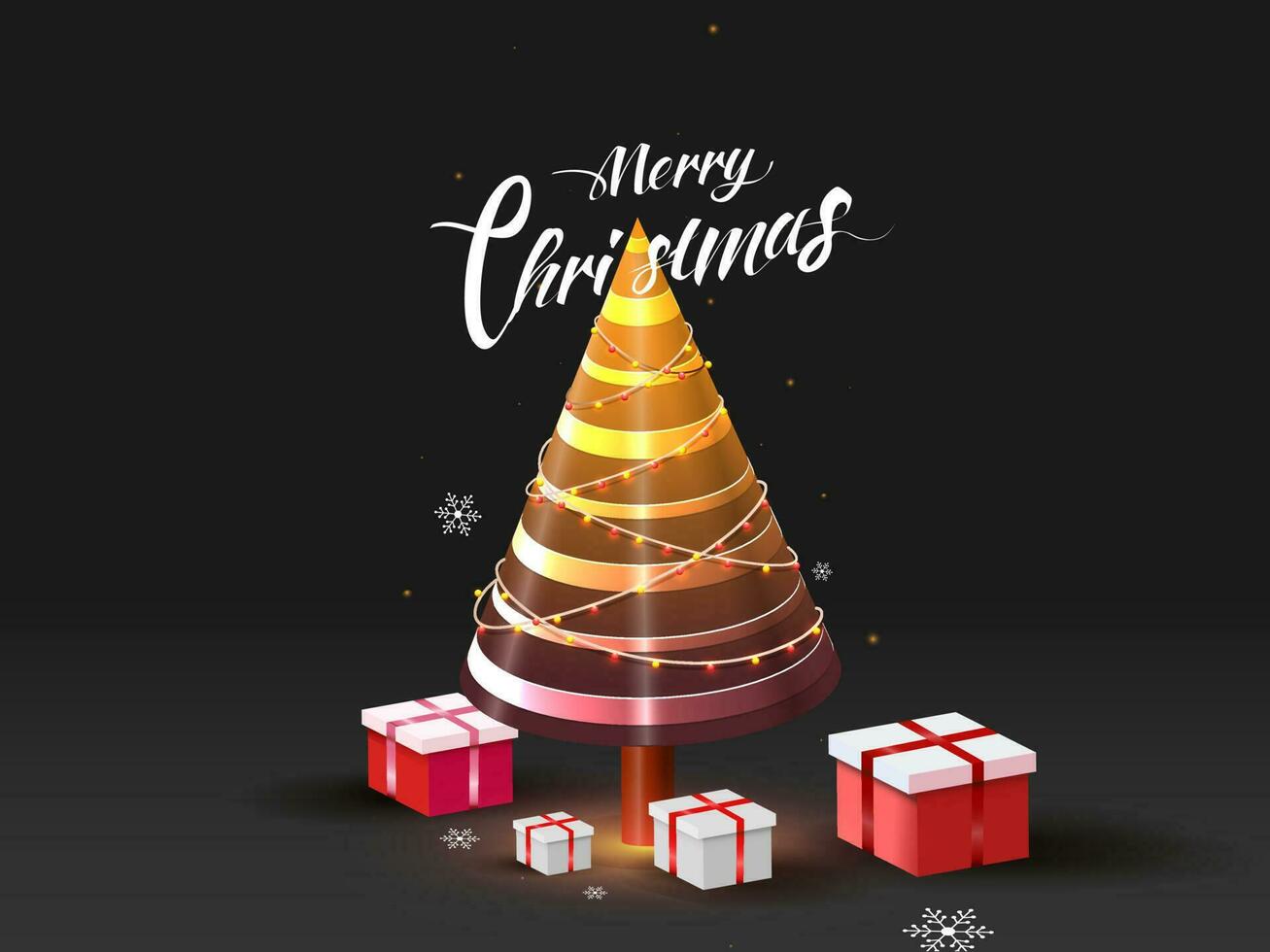 3d Kerstmis boom versierd met verlichting slingers, sneeuwvlok en geschenk dozen Aan zwart achtergrond voor vrolijk Kerstmis viering groet kaart ontwerp. vector