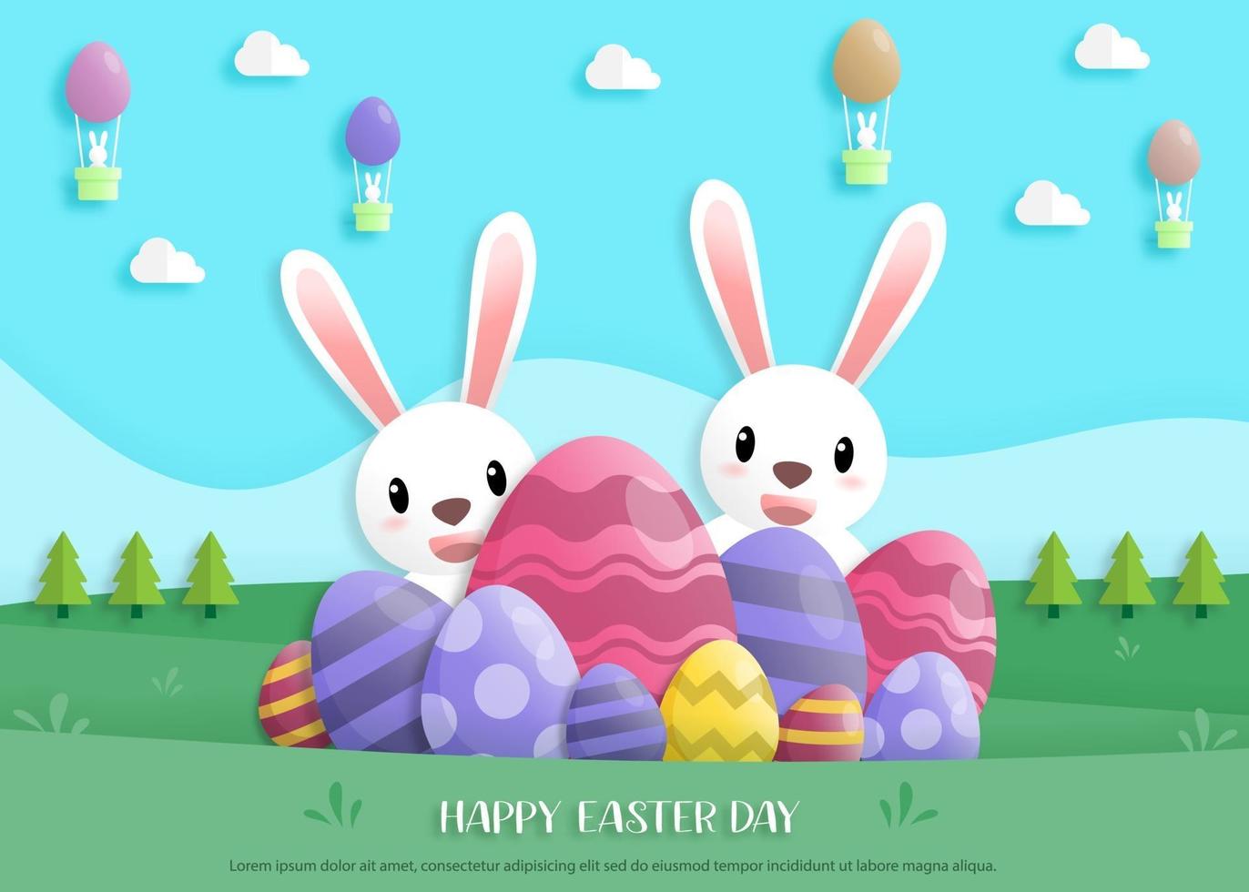 gelukkige paasdag in papieren kunststijl met konijn en paaseieren vector
