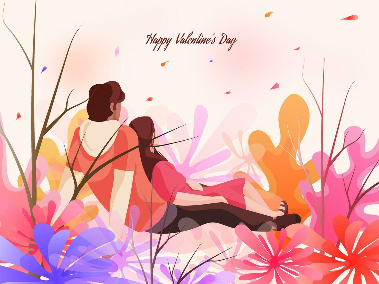 jong paar karakter zittend Aan kleurrijk natuur visie achtergrond voor gelukkig Valentijnsdag dag viering concept. vector