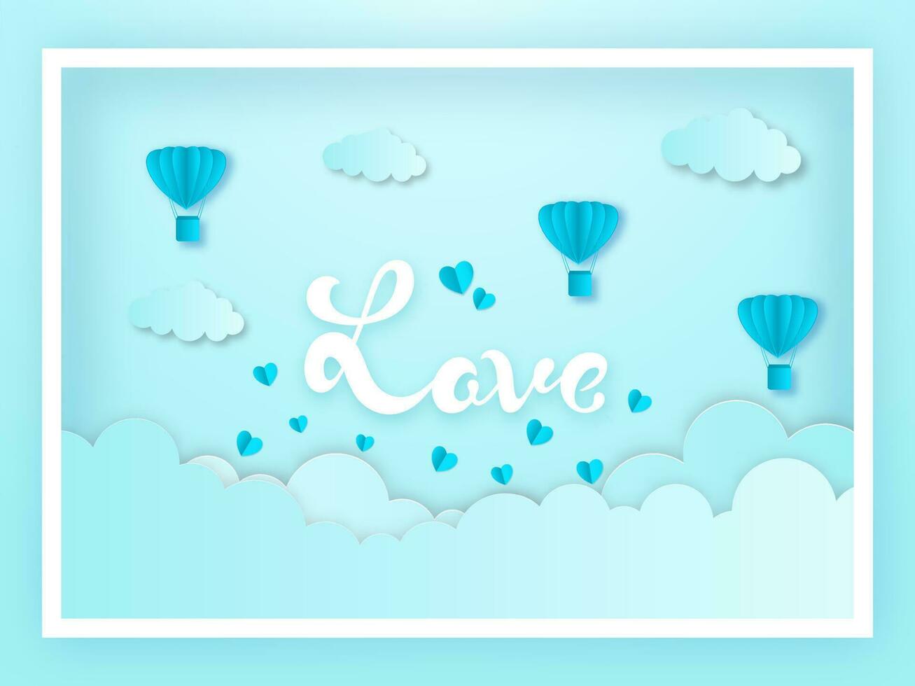 blauw papier besnoeiing stijl bewolkt achtergrond met heet lucht ballonnen, harten en liefde tekst. vector