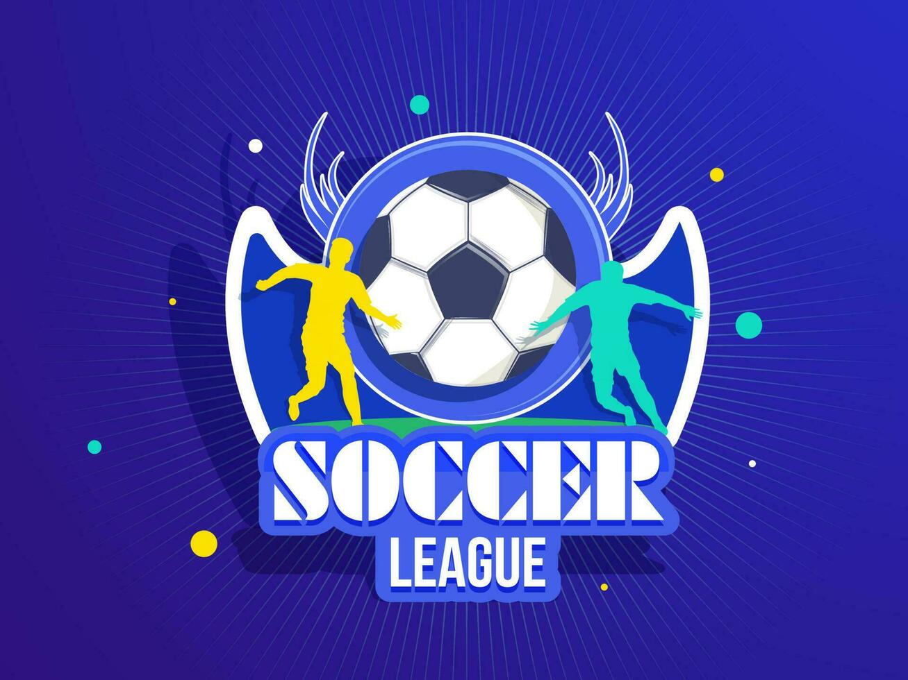 voetbal liga bij elkaar passen hoofd of banier ontwerp met illustratie van voetballer in spelen houding Aan abstract blauw achtergrond. vector