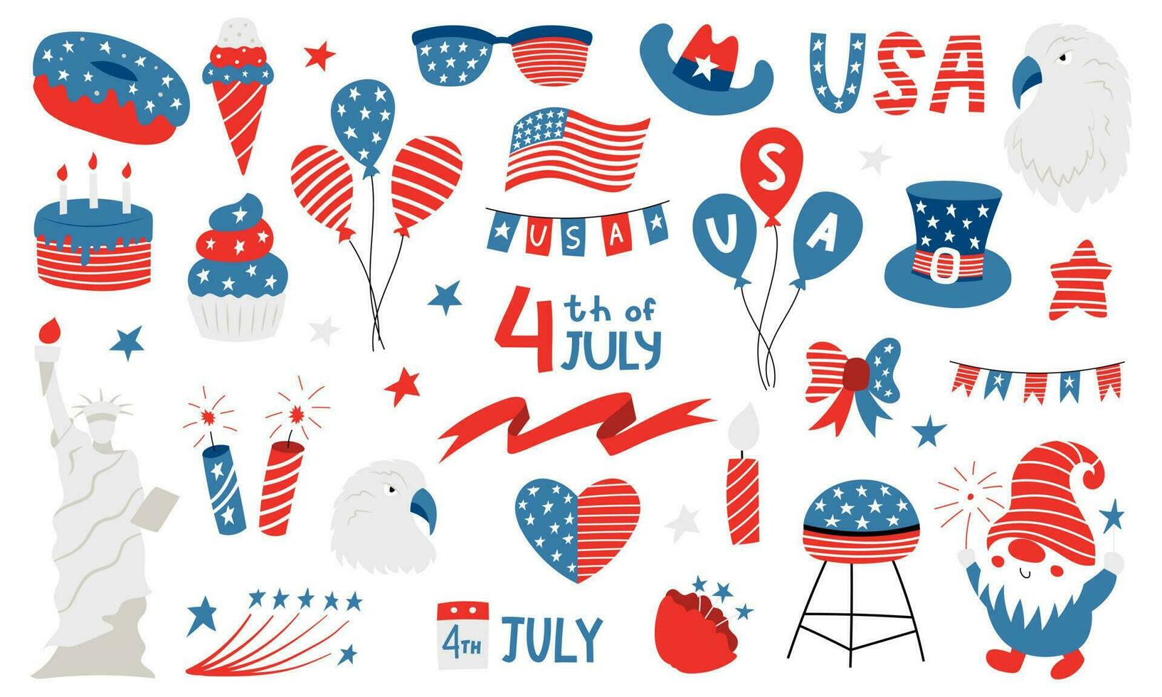 Verenigde staten van Amerika nationaal symbolen voor onafhankelijkheid dag. 4e van juli clip art. ballonnen, Amerikaans vlag, kabouter, adelaar, standbeeld van vrijheid. vector illustraties in retro kleuren geïsoleerd Aan wit