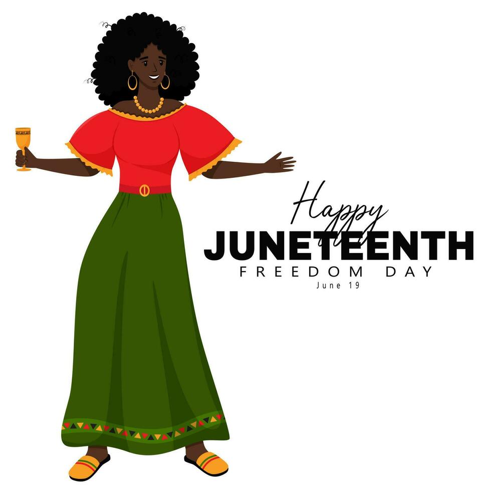 gelukkig juni. een schattig met een donkere huid vrouw met zwart gekruld haar- in een jurk houdt een wijn glas in haar hand. Afro-Amerikaans vrijheid dag. vlak vector illustratie geïsoleerd Aan een wit achtergrond.