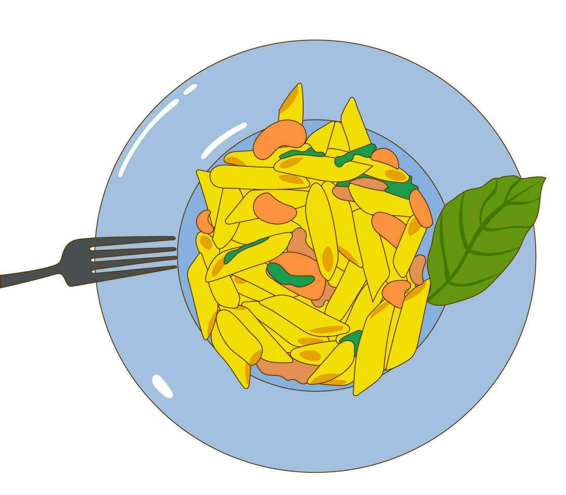kleurrijk pasta schotel met macaroni en champignons. vork en groen blad. vector
