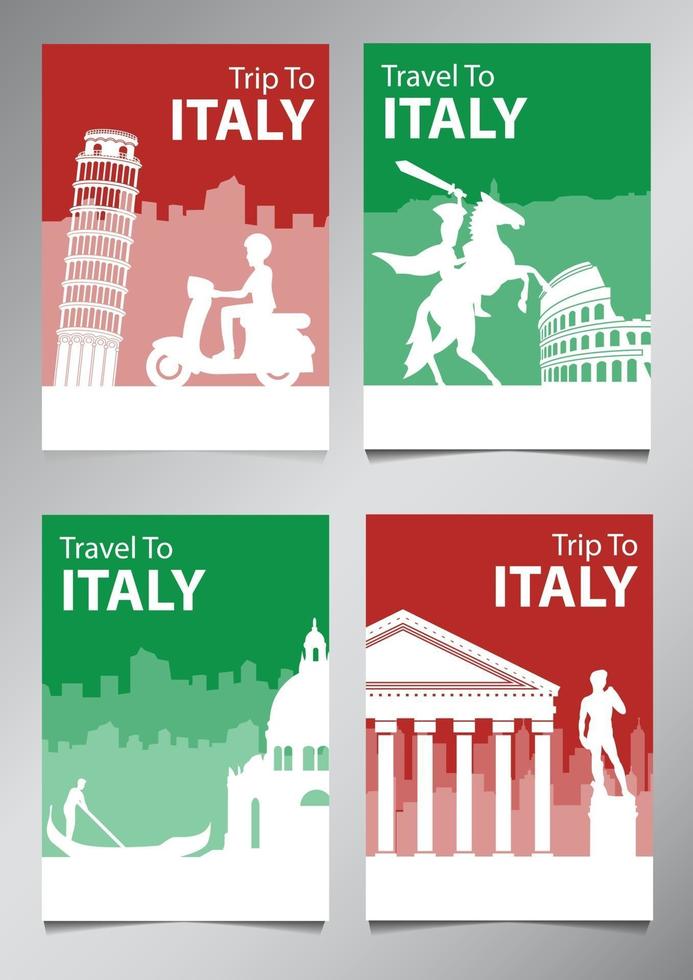 Italië beroemde bezienswaardigheid en symbool in silhouetstijl met nationale vlag kleur thema brochure set vector