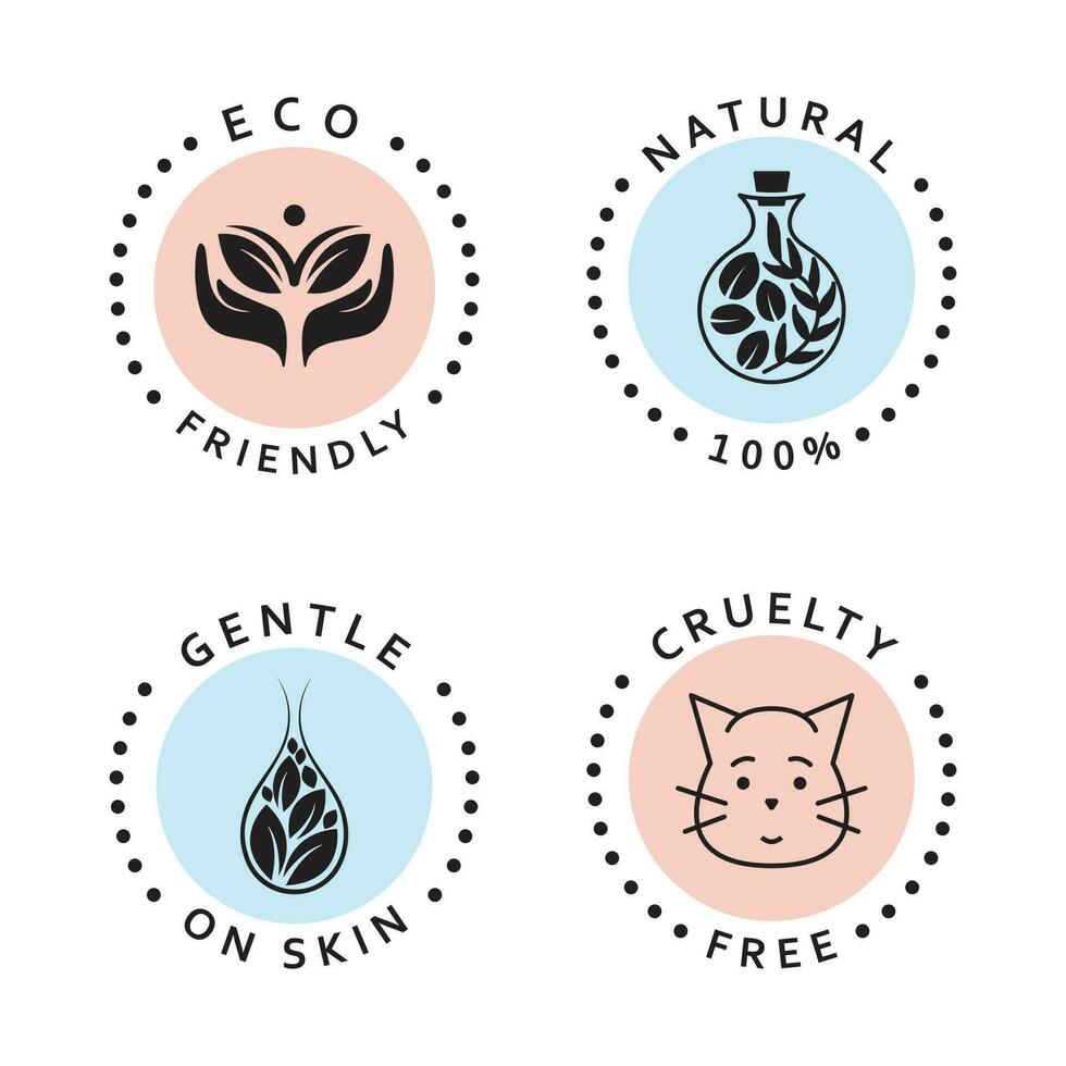 reeks van gemakkelijk pictogrammen. eco vriendelijk, natuurlijk, wreedheid vrij en teder Aan huid pictogrammen. natuurlijk biologisch stickers set. vector