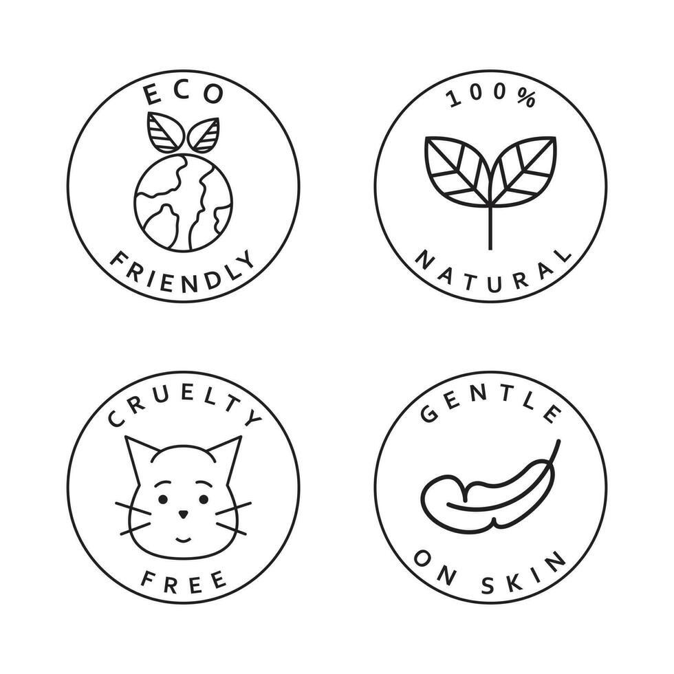 reeks van gemakkelijk pictogrammen. eco vriendelijk, natuurlijk, wreedheid vrij en teder Aan huid pictogrammen. natuurlijk biologisch stickers set. vector