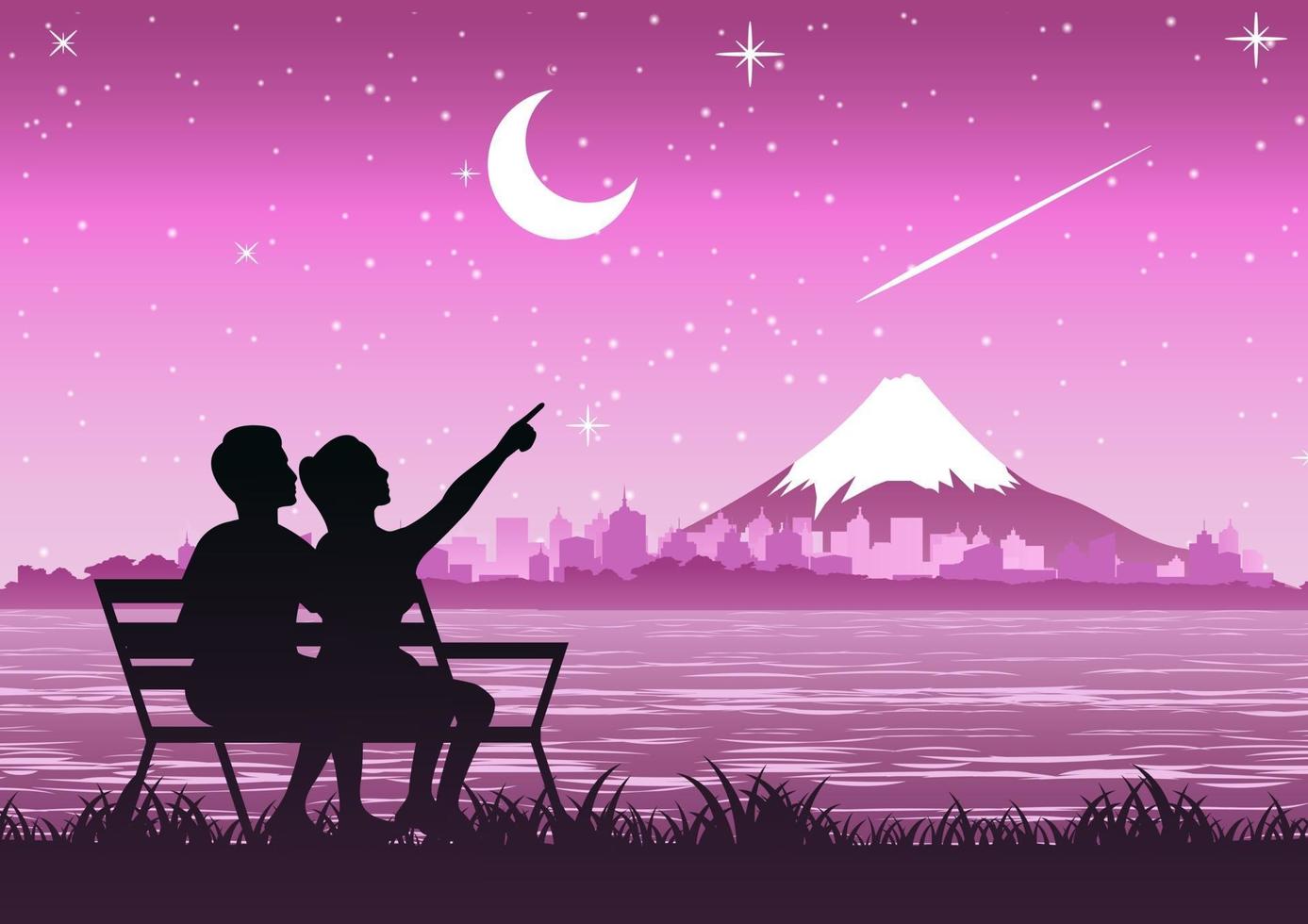 paar staan in de buurt van de berg Fuji en kijken naar de sterzandmeteoor en de nacht vector