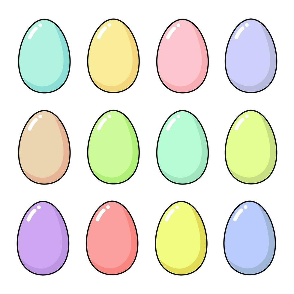gelukkig Pasen reeks met een dozijn Pasen eieren. pret vakantie elementen in delicaat kleuren - roze, blauw, geel, groente, lila, Purper, munt en koraal. plein formaat, vector vlak illustratie geïsoleerd