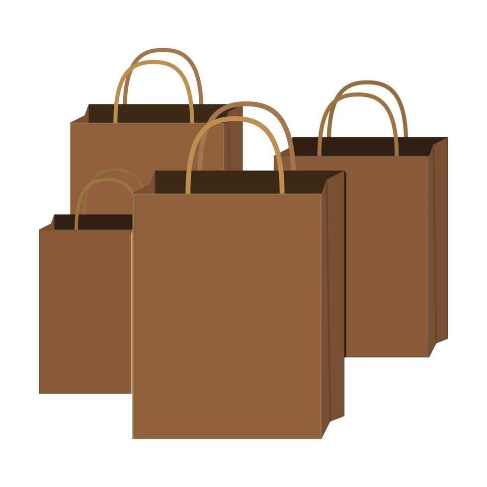 papier Tassen voor winkelen, omhulsel papier pakket, in de mode, modern en milieuvriendelijk boodschappen doen verpakking, in een gemakkelijk vlak stijl vector. natuurlijk aarde kleuren - bruin, zand, beige. nul verspilling vector