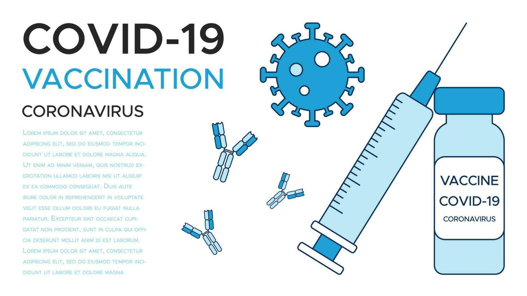 banier covid-19 vaccinatie, kalender, een ampul van vaccin en een spuit, coronavirus en antilichaam. een medisch poster sjabloon in tinten van blauw. vector illustratie geïsoleerd Aan een wit achtergrond.