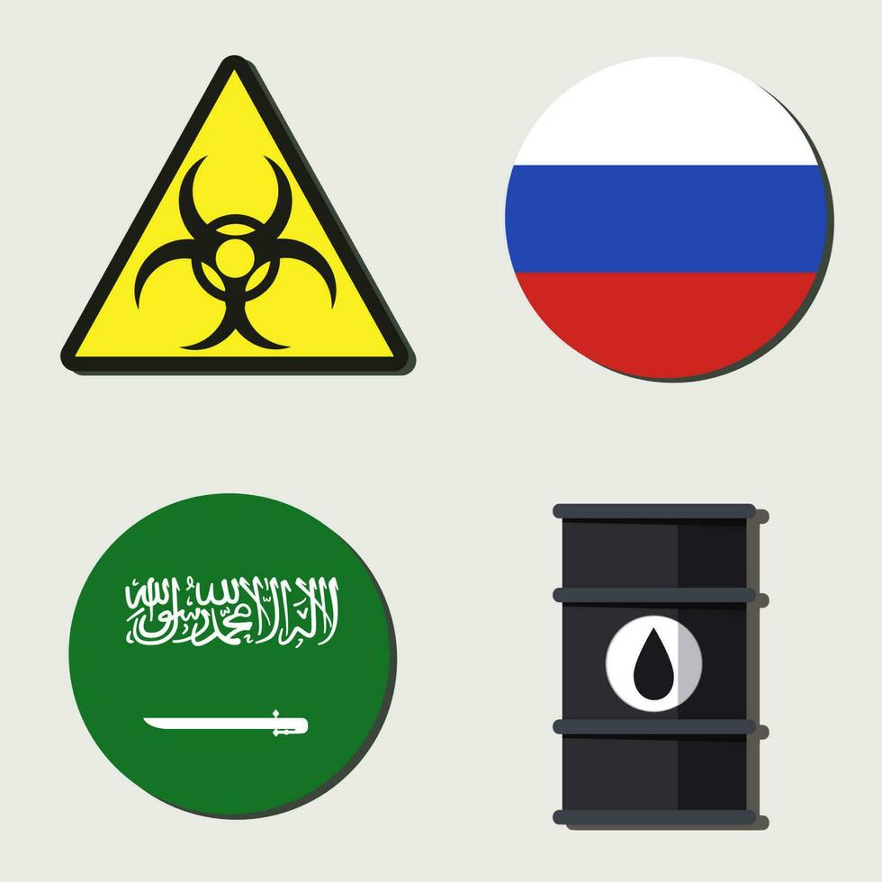 coronavirus, olie crisis, Rusland vs saudi arabië-set van vlak pictogrammen. de globaal crisis de vallen in de prijs per vat onder de invloed van een biologisch bedreiging. voorraad illustratie vector