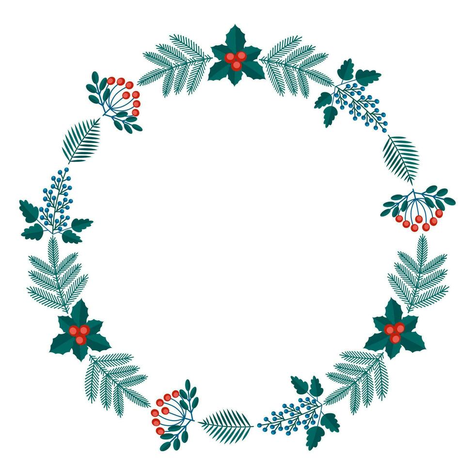 vrolijk Kerstmis bloemen ronde kader met winter planten kader - krans in vlak stijl. illustraties met botanisch symbolen van vakantie - pijnboom, bladeren, ijshoorntje, BES in rood, groen kleuren. vector