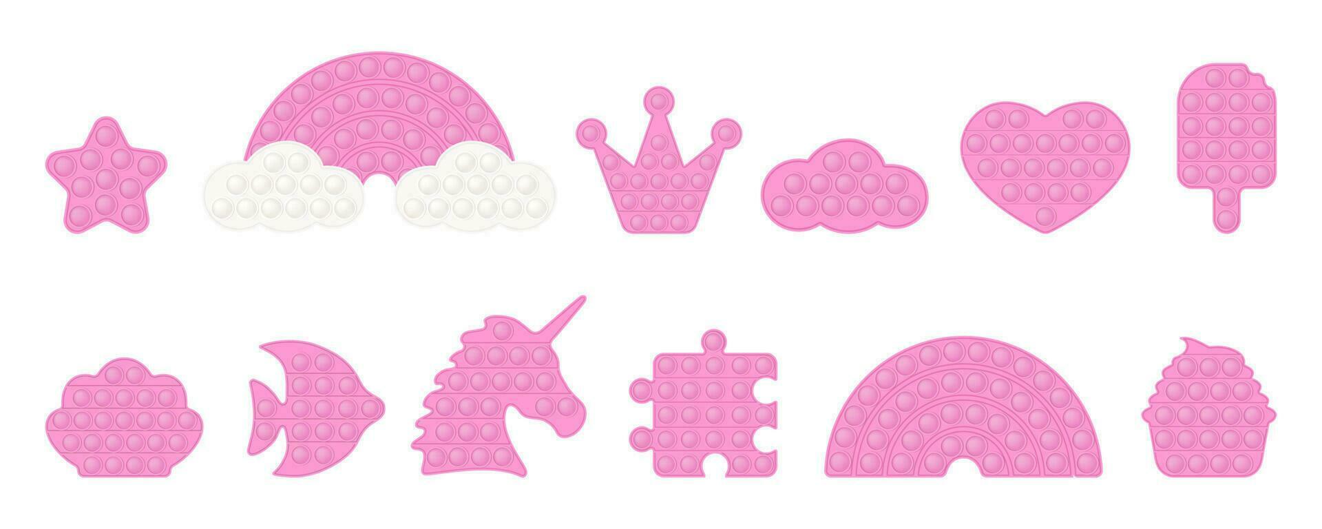 roze knallen speelgoed- vormen - verjaardag, kroon, regenboog, hart, ster, eenhoorn, taart. modieus pastel friemelen speelgoed. verslavend anti spanning speelgoed- in kleurrijk kleuren. bubbel zintuiglijk modieus speelgoed- vector