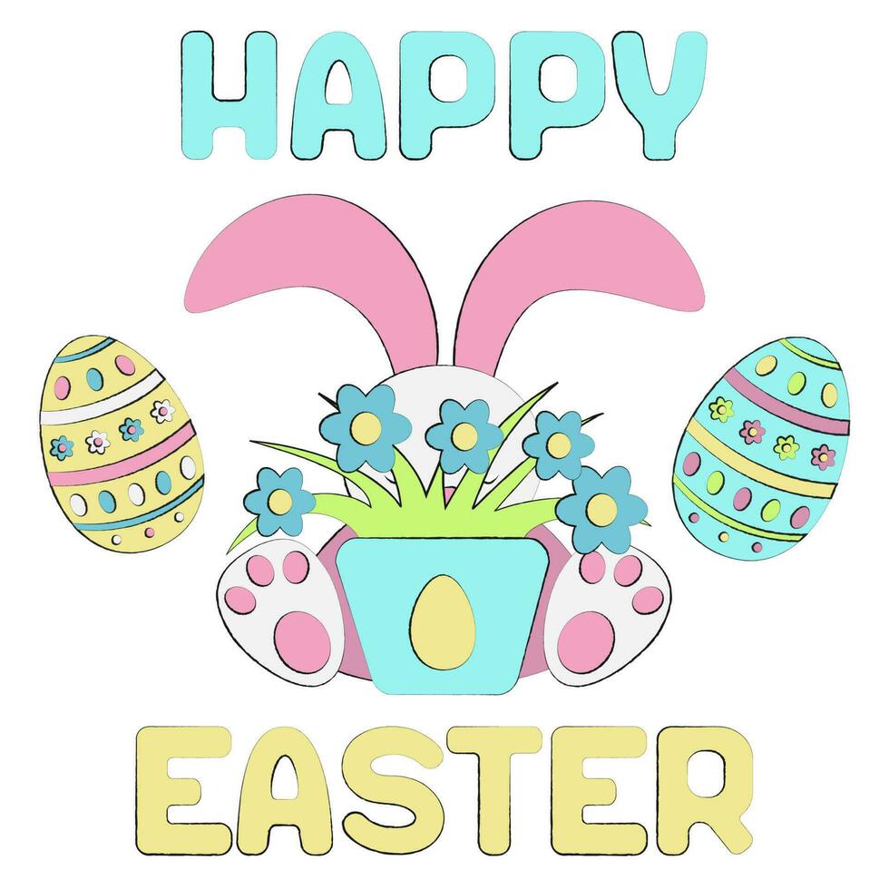 gelukkig Pasen schattig konijn verborg achter een pot van bloemen en Pasen eieren. ansichtkaart of banier in delicaat kleuren-roze, blauw, geel, groente. plein formaat, vector illustratie geïsoleerd Aan een wit achtergrond
