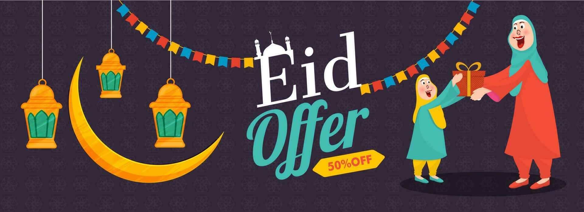 concept van eid uitverkoop. tekenfilm karakter van Islamitisch vrouw wensen en geven geschenk naar een meisje Aan gelegenheid van Islamitisch festival eid mubarak. vector