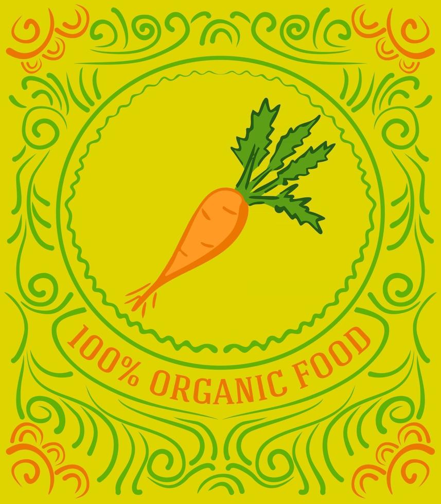 vintage label met wortel en belettering 100 procent biologisch voedsel vector