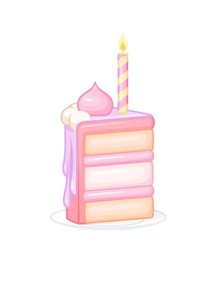 plak van roze verjaardagstaart met kaars vectorillustratie geïsoleerd op een witte achtergrond vector