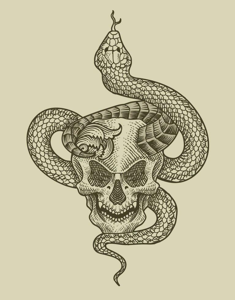 illustratie demon schedel met slang antiek gravure stijl vector