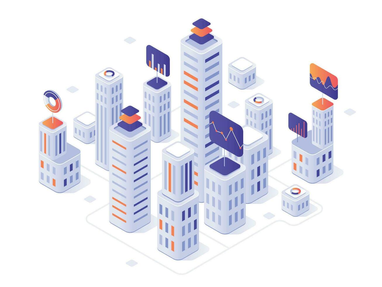 isometrische megalopolis infografisch. stad gebouwen, futuristische stedelijk en stad- bedrijf kantoor wijk statistieken 3d vector illustratie
