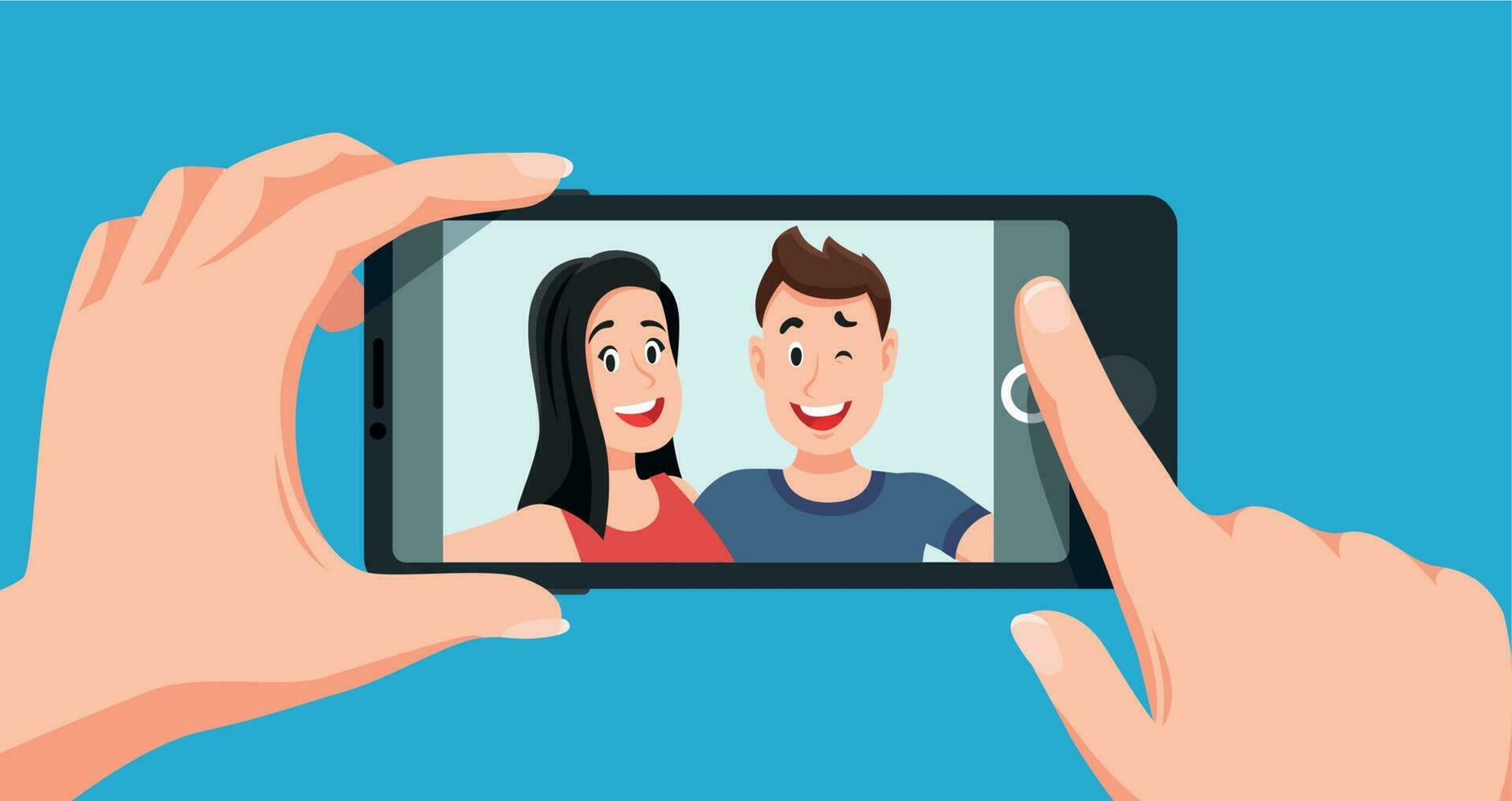 paar selfie. romantisch zelf portret, jong vrienden nemen selfie foto tekenfilm vector illustratie