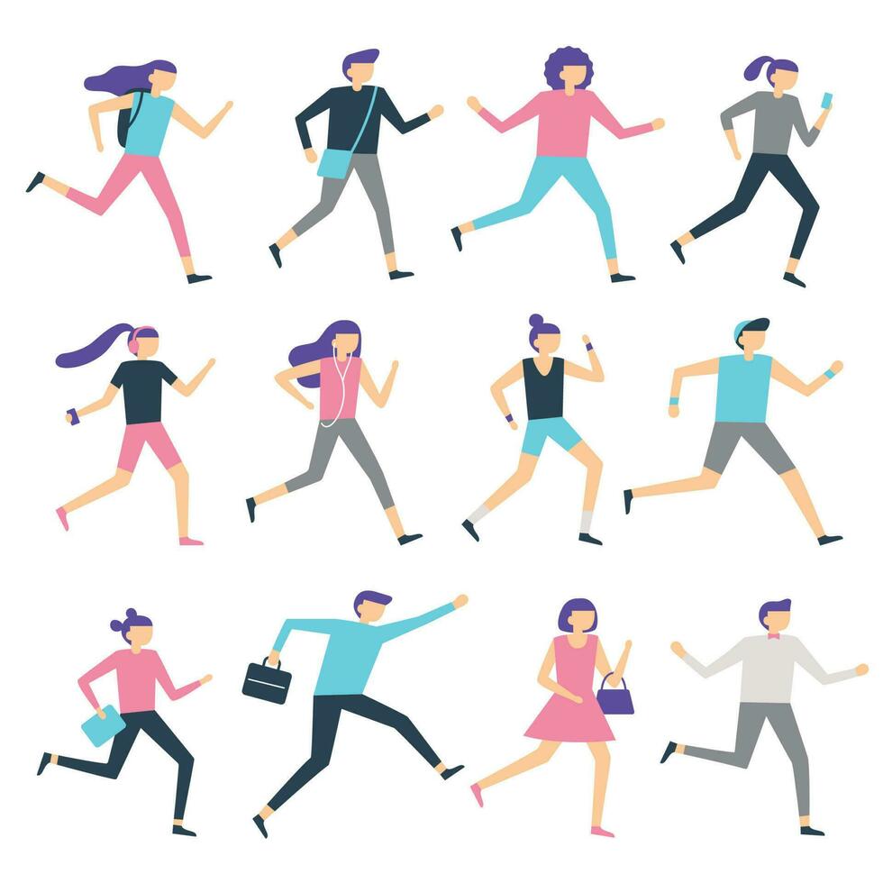 rennen mensen. Mens en vrouw rennen, jogging training en atletisch sport lopers. sport- oefenen geïsoleerd vlak vector illustratie