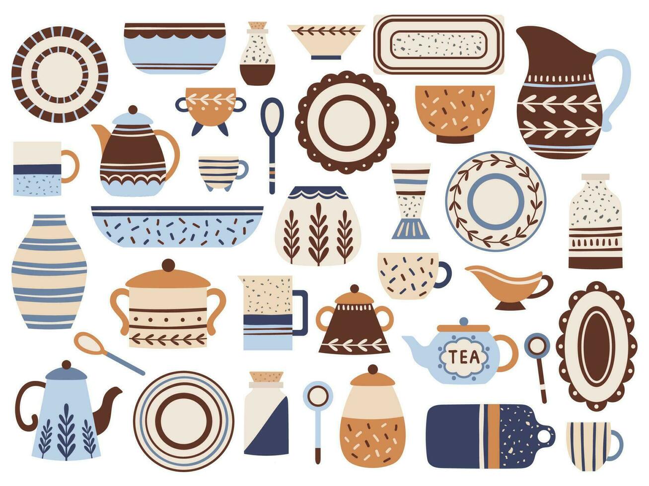 keuken servies. keramisch kookgerei, porselein cups en glaswerk kan. keuken serviesgoed geïsoleerd vlak items vector reeks