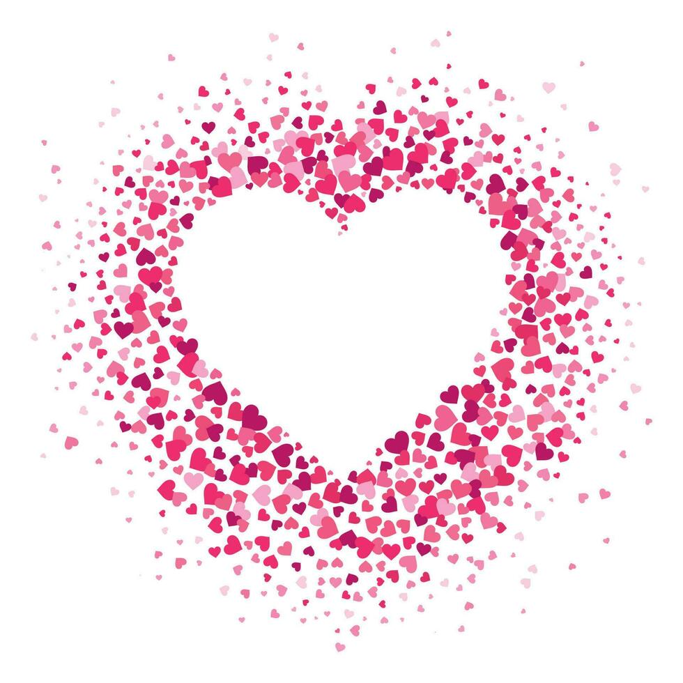 liefde hart kader. verspreide harten confetti in hart vorm geven aan, valentijnsdag kaart en romance vormen verstrooien vector illustratie achtergrond