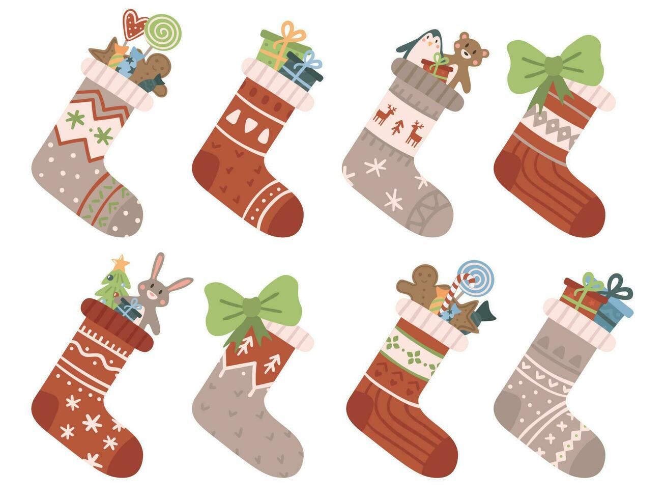 Kerstmis sokken. Kerstmis kous of sok met sneeuwvlokken, sneeuwman en de kerstman. hert en santas helpers elfen Aan kousen vector reeks
