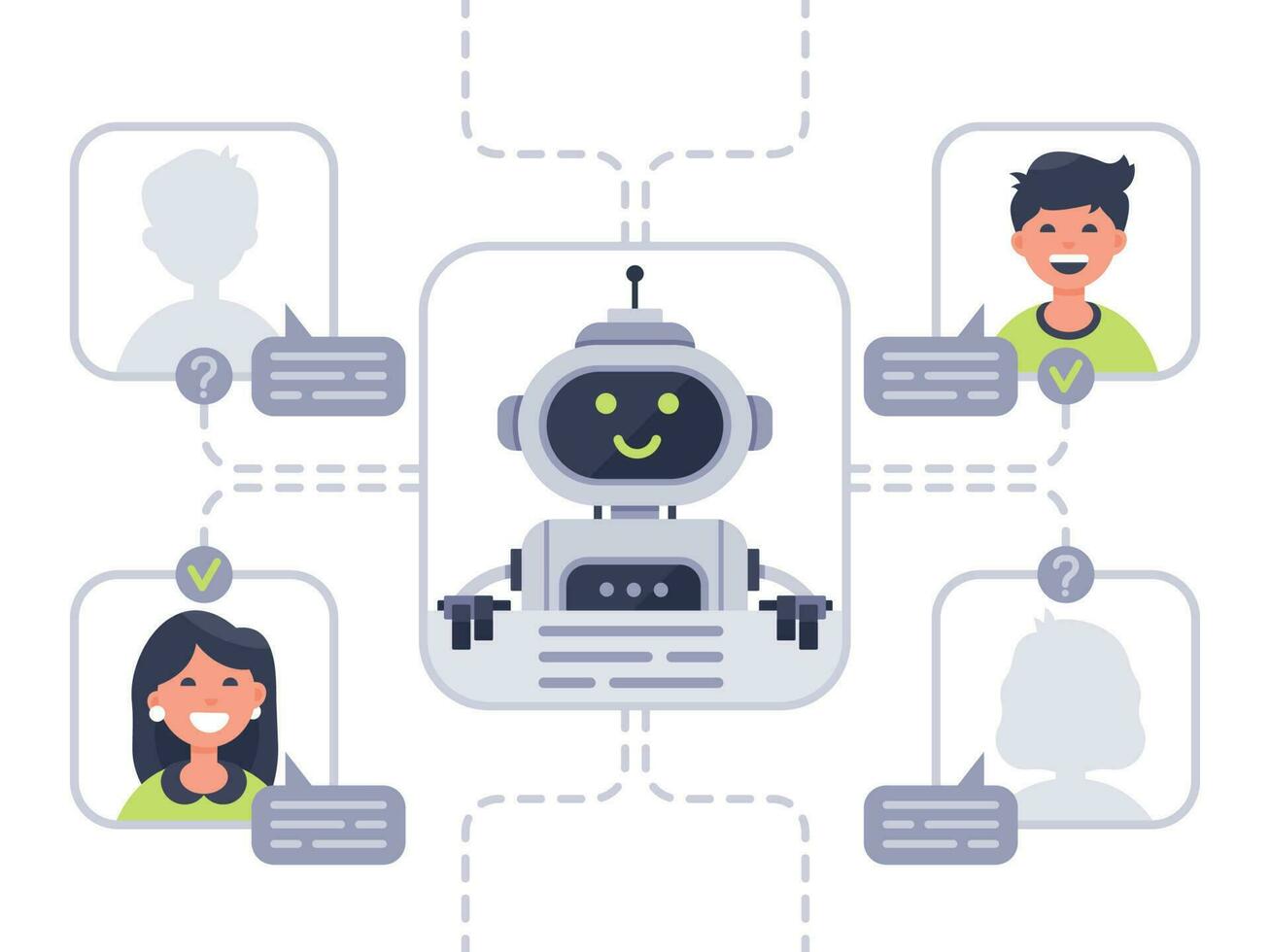 menselijk communiceert met chatbot. virtueel assistent, ondersteuning en online bijstand gesprek met babbelen bot vector illustratie