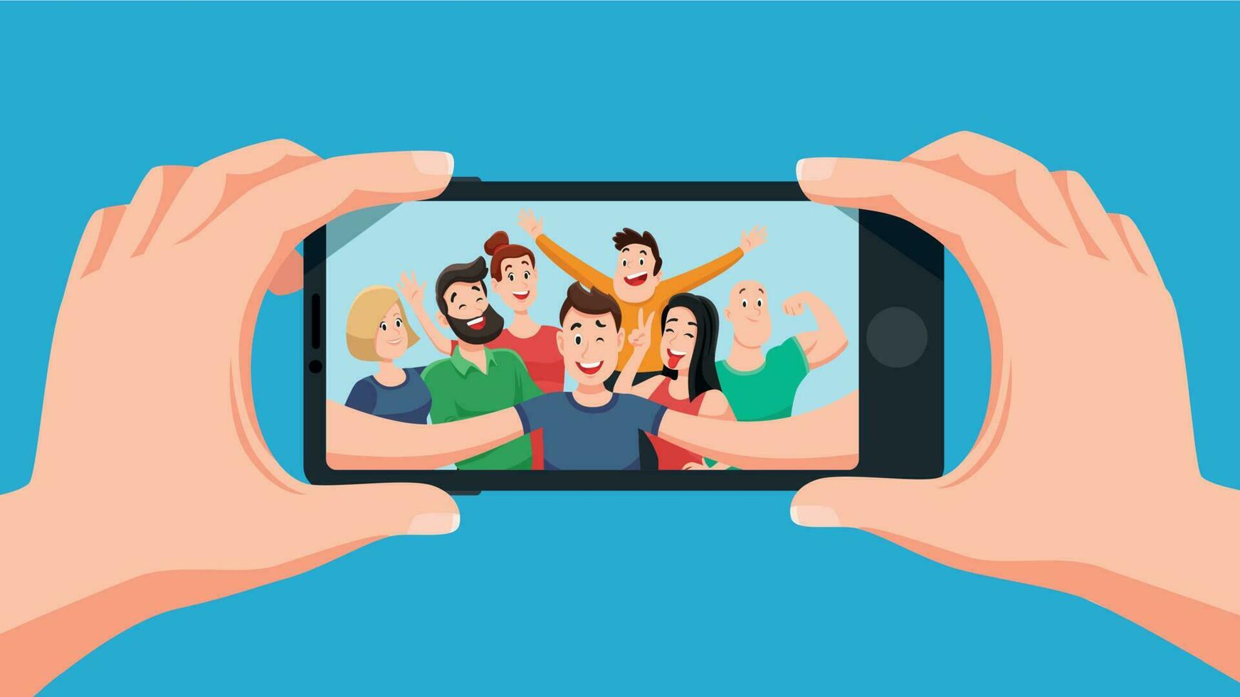 groep selfie Aan smartphone. foto portret van vriendelijk jeugd team, vrienden maken foto's Aan telefoon camera tekenfilm vector illustratie
