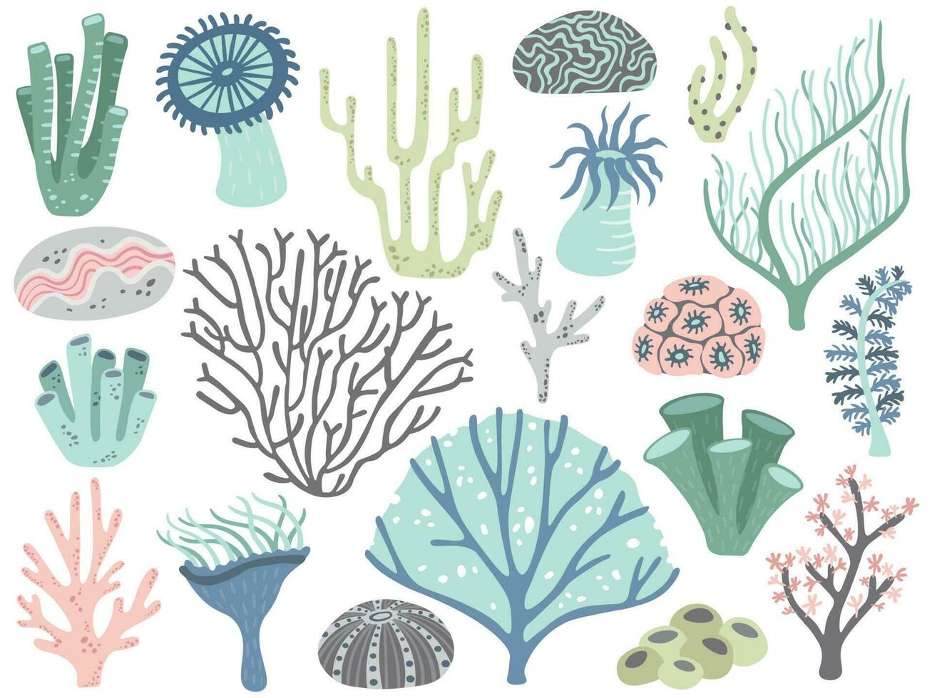 aquarium koralen en zeewier. marinier oceaan koraal flora, decor onderwater- zeewier en verschillend water planten tekenfilm vector reeks