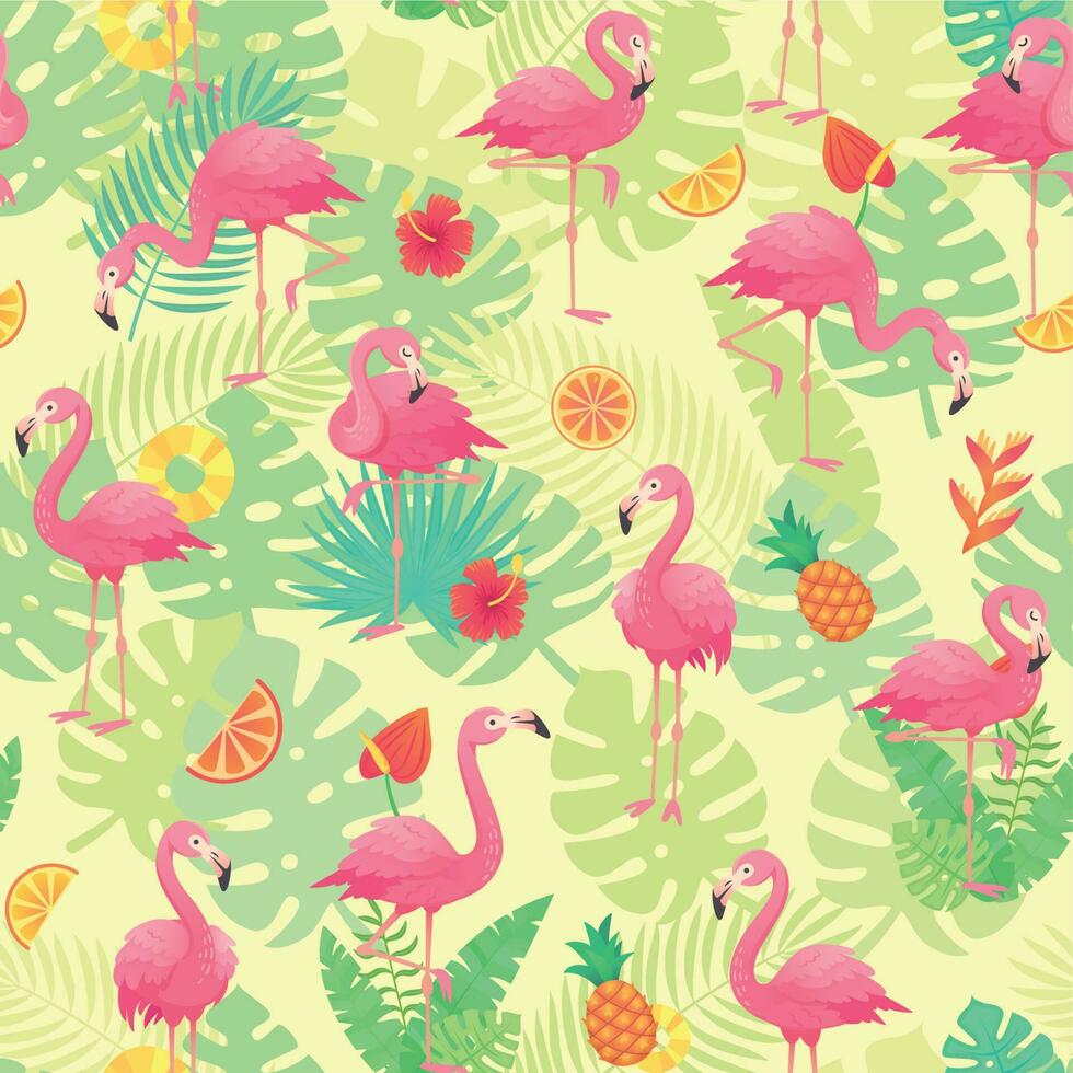 exotisch roze flamingo's, tropisch planten en oerwoud bloemen monstera en palm bladeren. keerkring flamingo tekenfilm naadloos vector achtergrond patroon